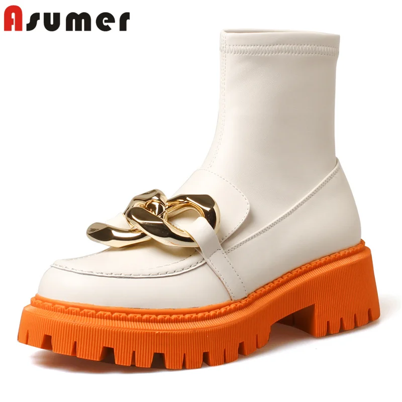 

Asumer Plus Size 34-43 New Genuine Leather Boots Women Socks Boots Platform Shoes Orange Sole Ladies Ankle Boots