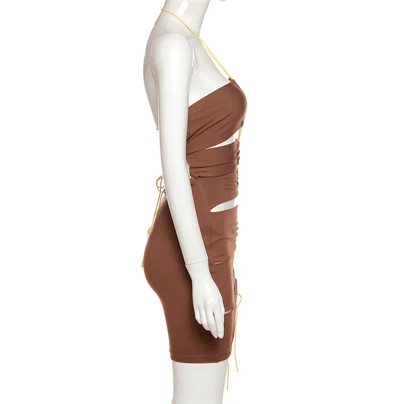 

2021 Hollow Out Backless Sexy Women Dress 2021 Off Shoulder Halter Lace-up Clubwear Deep V-neck High Waist Pencil Dress
