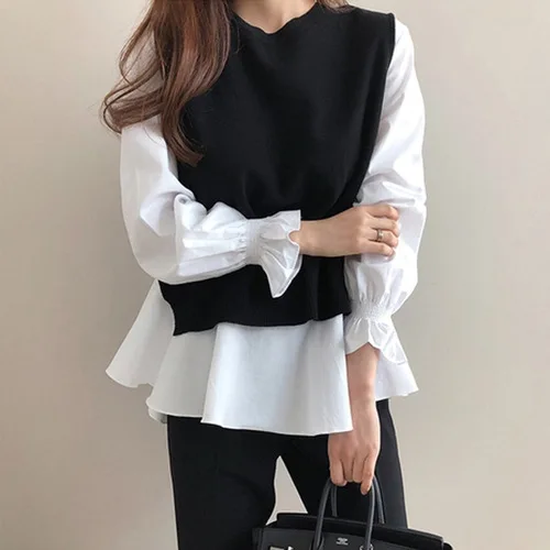 

Женский офисный трикотажный комплект из двух предметов, рубашка с оборками и длинным рукавом, пуловер с круглым вырезом и жилет без рукавов,...