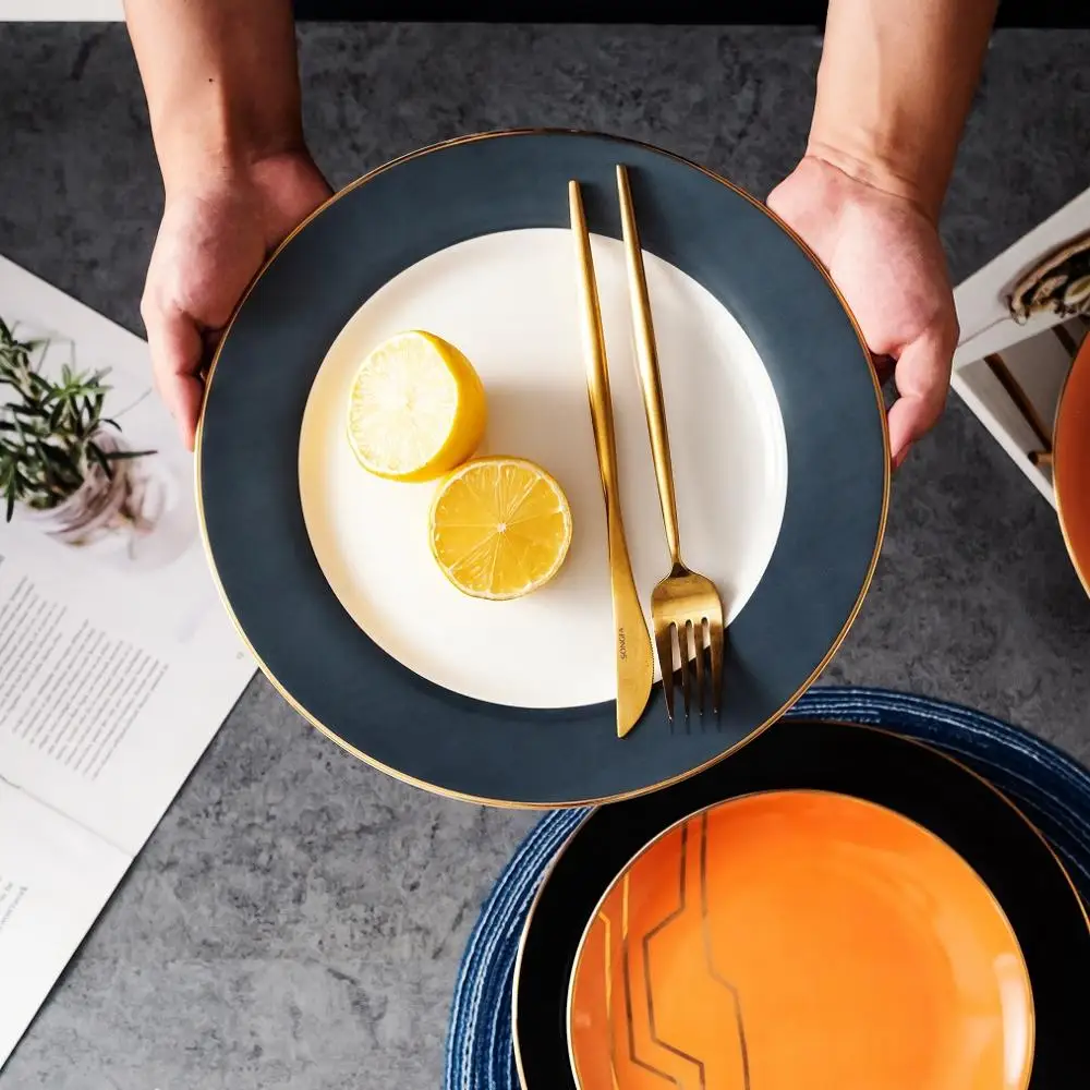 Модная цветная керамическая тарелка Золотая инкрустация десертная для торта