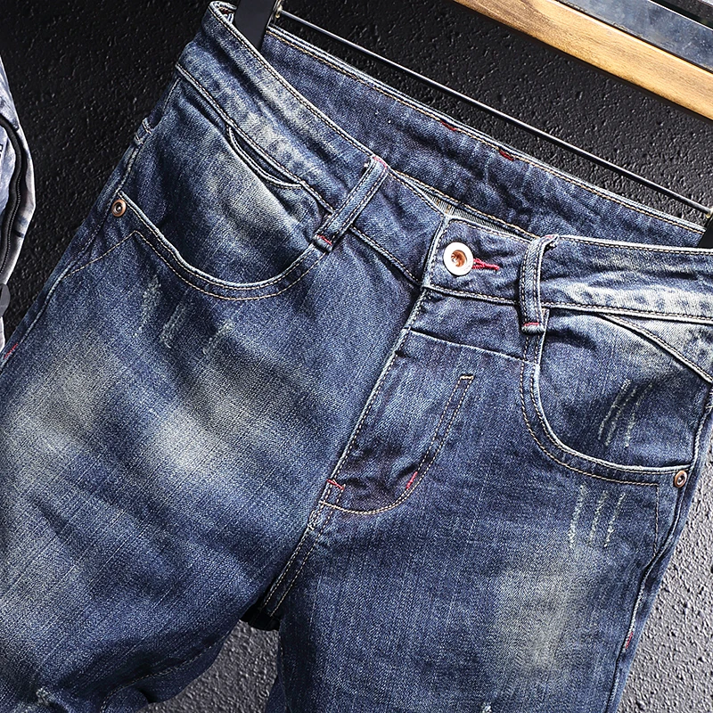 Italian Style Fashion Men Jeans High Quality Retro Blue Slim Ripped Jeans Men Vintage Designer Frayed Hole Casual Denim Pants