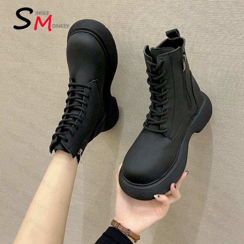 

Женские мотоциклетные ботинки на платформе, Нескользящие ботильоны на шнуровке, на плоской подошве, Осень-зима 2022