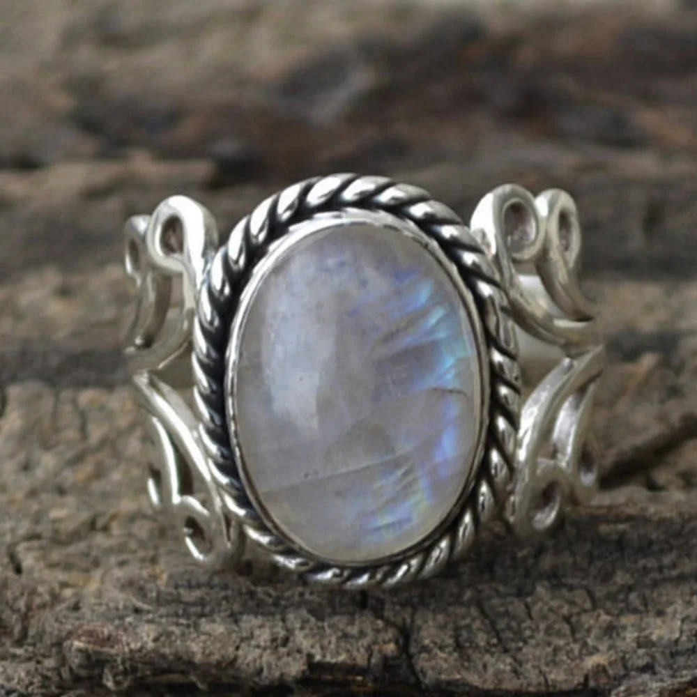 Big Moonstone Retro Rings Silver Finger Ring For Unisex Unique Jewelry Size 6-10 Exquisite | Украшения и аксессуары