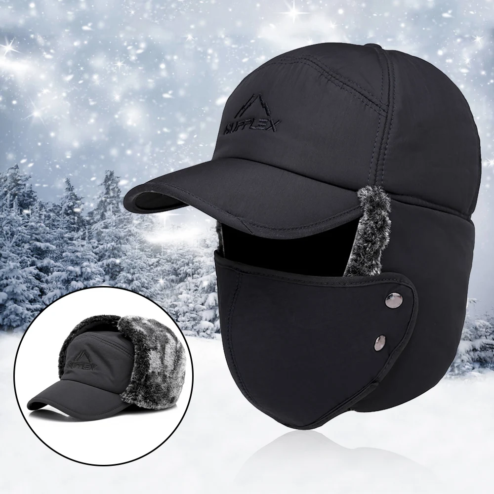 

Winter Men Windproof Hat Warm Thickened Ear Flaps Cap Full Face Detachable Mask Outdoor Baseball Cap Russian Fur Hat 2022 New In