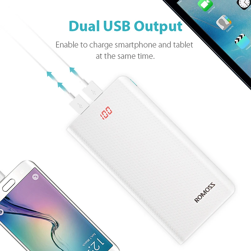 Внешний аккумулятор ROMOSS Sense 6 ёмкость 20000мАч 2 выходных порта USB LED дисплей