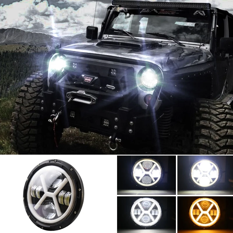 

7 дюймов светодиодный фары с DRL и янтарный сигнал поворота для Jeep Wrangler Jk TJ Fj грузовых автомобилей Hummer мотор внедорожные огни X