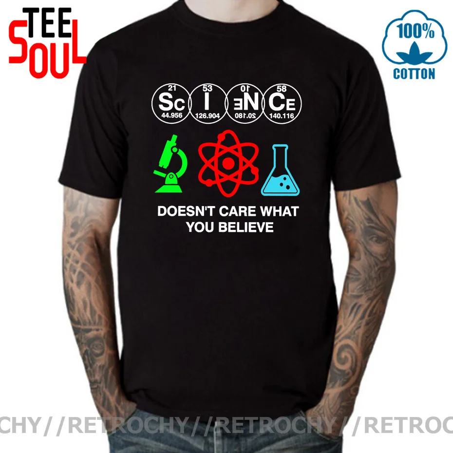 

Забавная Мужская футболка Geek с надписью «Наука не заботится о том, в чем вы верите»