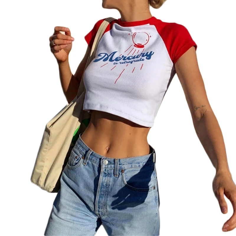 

Women Summer Raglan Short Sleeve T-Shirts Harajuku Letters Printed Crop Top Color Block O-Neck Casual Slim Streetwear