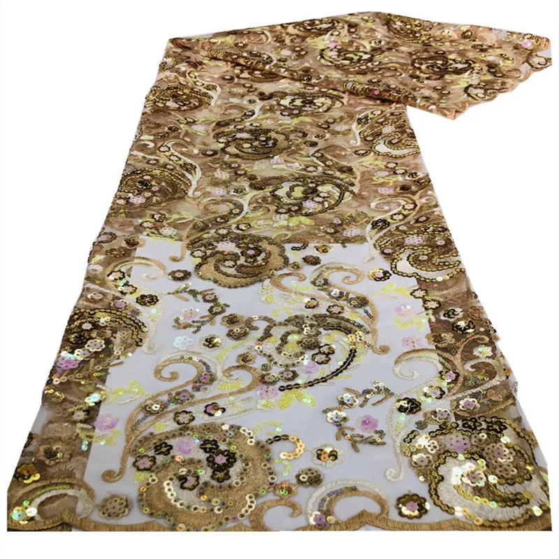 

High Quality African Nigerian Sequins Tulle Lace Fabric Embroidery With sequins Wedding Party Dress FJ-190