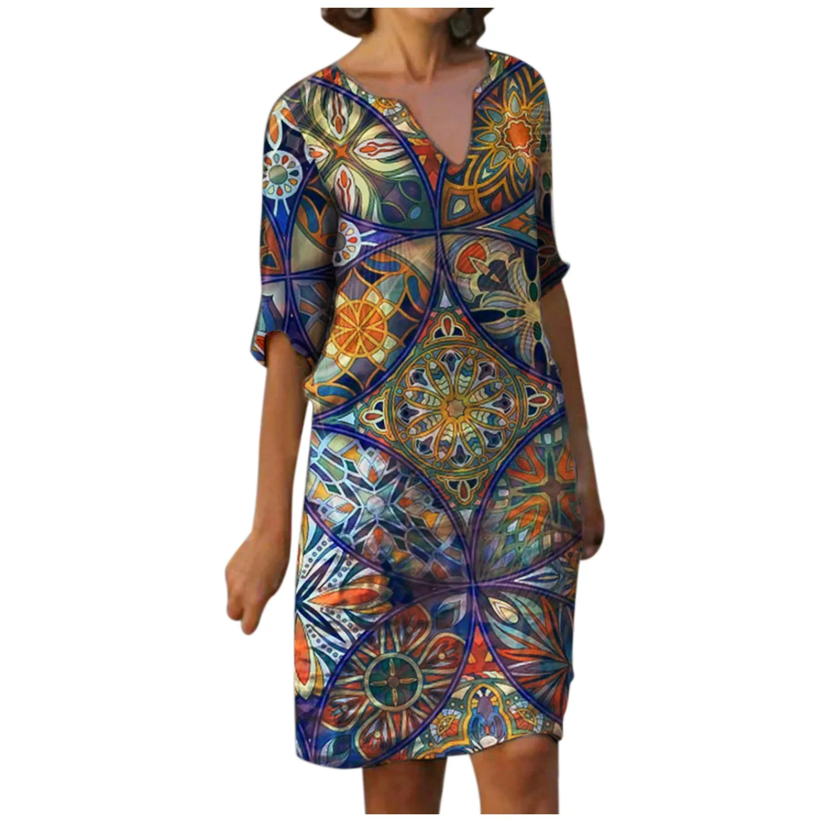 

40# Vintage Floral Printed Dress 2021 V-neck Half Sleeve Straight Causal Dress Women Clothing Elegant Cotton Linen Summer Dress