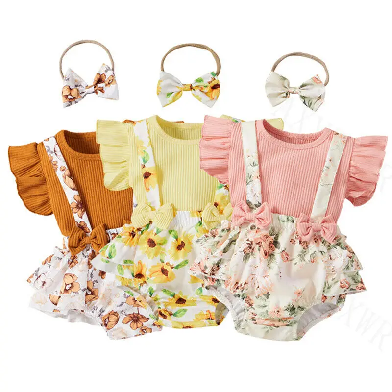 

2021 Newborn Baby Girl Knitted Bodysuit Romper+Floral Suspender Shorts Outfit Clothes 3-18M