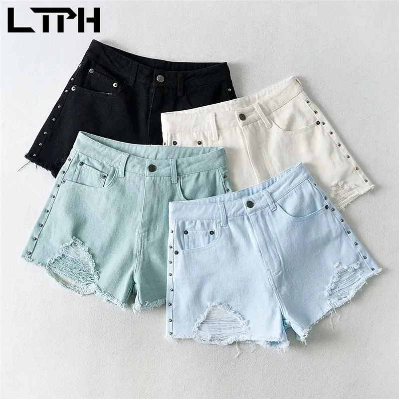 

LTPH Hole irregular High Waist woman jeans candy color Do old Wide Leg pants casual all-match denim shorts 2021 Summer New