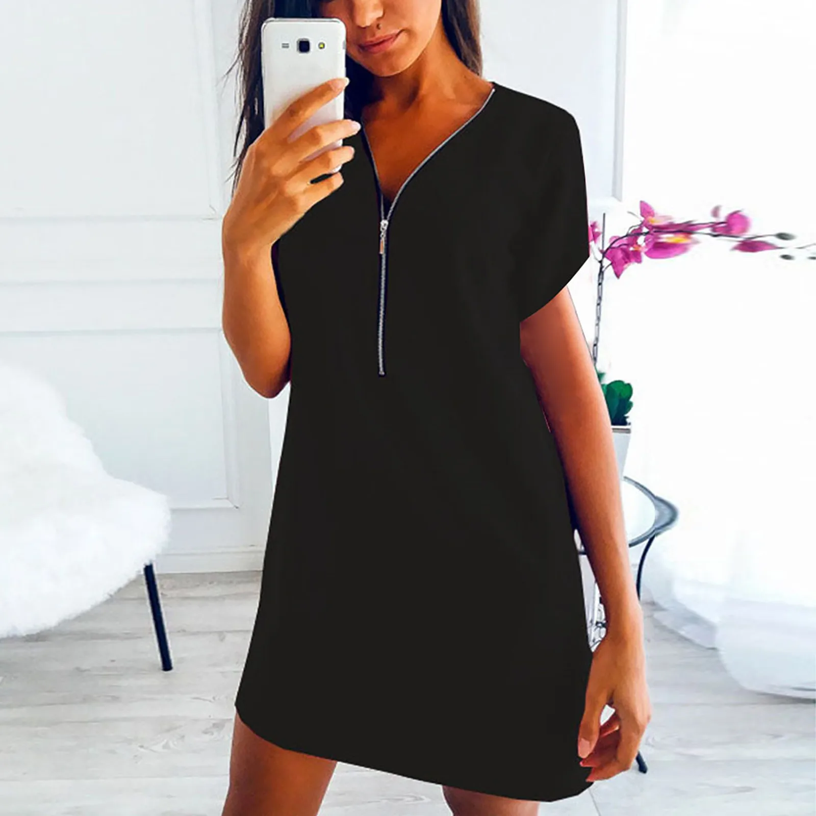 

Повседневное женское однотонное платье-рубашка на молнии, летние женские свободные мини-платья с коротким рукавом и V-образным вырезом, оде...