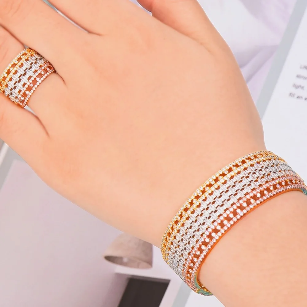 

Kellybola Trendy Shiny Luxury Dubai Bridal Noble Bangle Ring Sets CZ Wedding Jewelry Sets For Women Aretes de Mujer Modernos