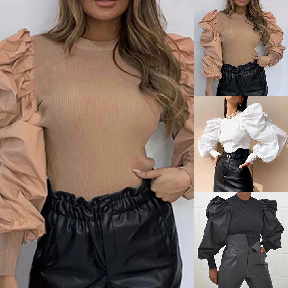 Женская Винтажная футболка с пышными рукавами Элегантная черная или белая