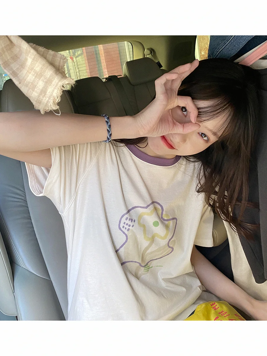 Футболка женская с контрастным воротником Свободный Повседневный Топ коротким