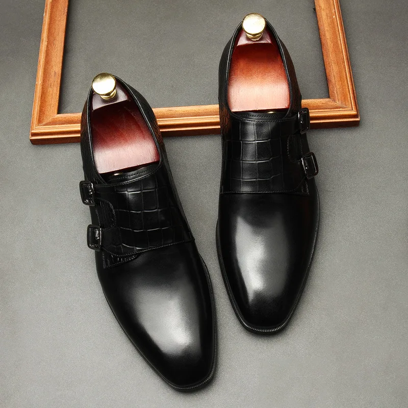 

QYFCIOUFU Genuine Leather Men Dress Shoes Designer Business Office Buckle Loafers Casual Oxfords Shoes Men's Flat Party Shoes