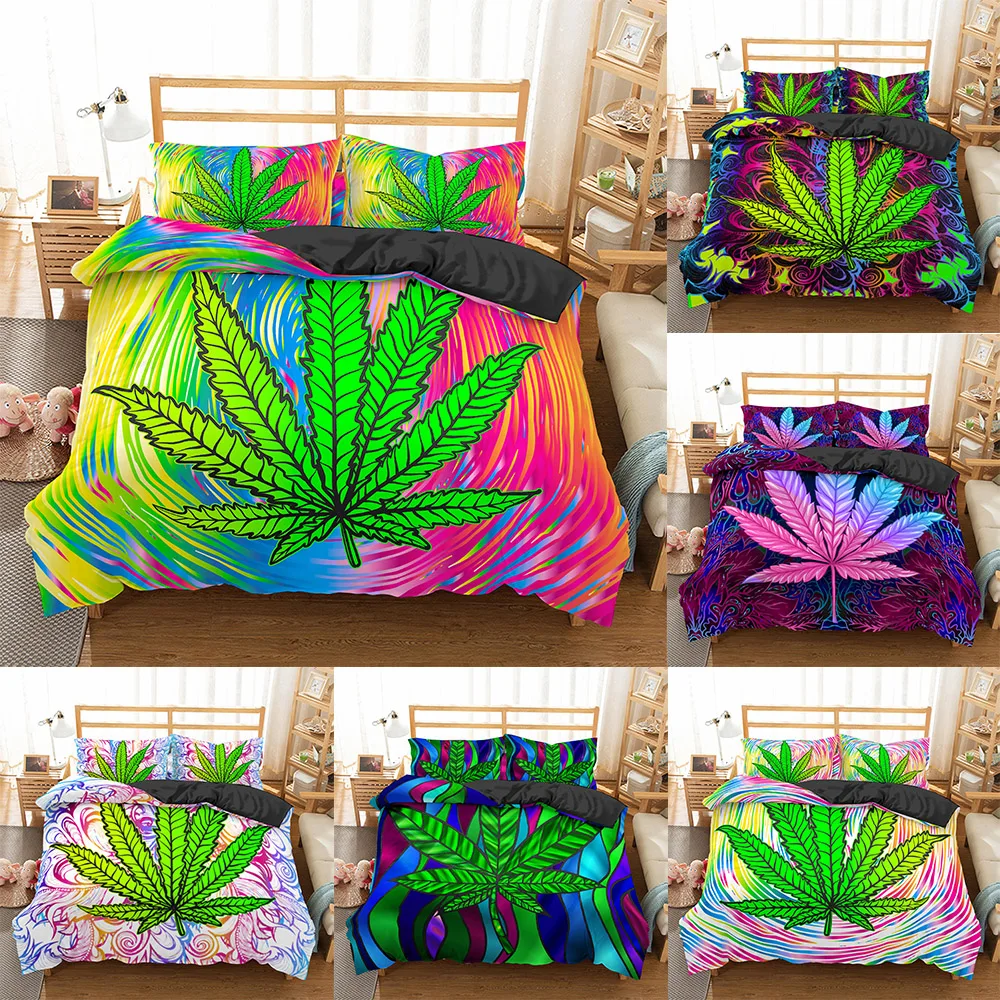 

2021 New Arrival Weed Leaves Bedding Set 100% Microfiber Bedding Set Queen King Size Quilt Cover Pillowcase Bed Cover