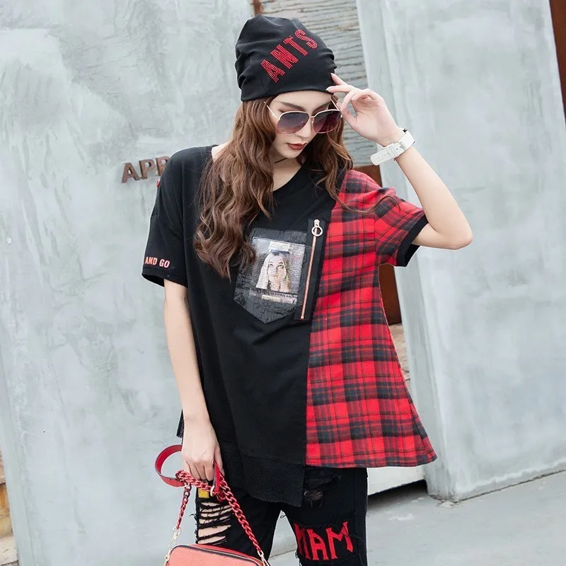 Летняя Свободная Женская Лоскутная футболка клетчатые повседневные топы с