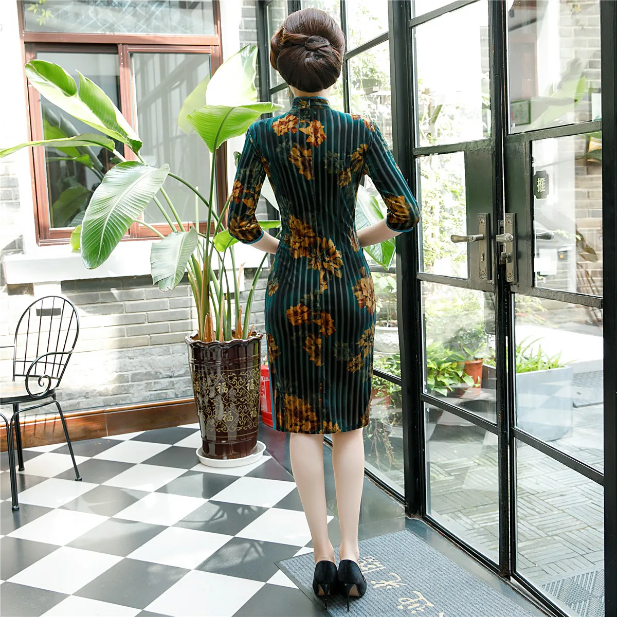 Шанхай история велюр Cheongsam по колено китайское платье Ципао традиционное платье зеленый