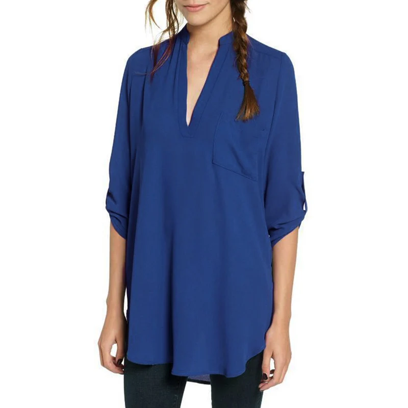 

Pop Women V-neck Chiffon Blouse Loose Casual Long Sleeve Irregular Long Blouses Tops Plus Size 5XL Pop 88