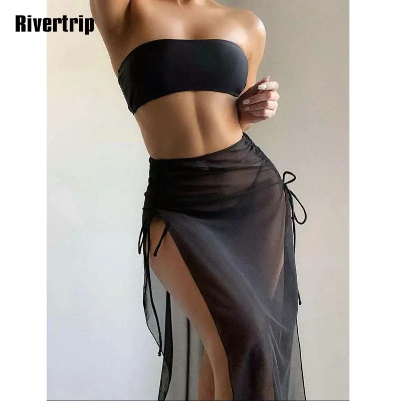 

Сетчатый Комплект из трех предметов Rivertrip, женский пляжный купальник, юбка-бандо, бикини 2022, накидка на купальник с кулиской, черный купальны...