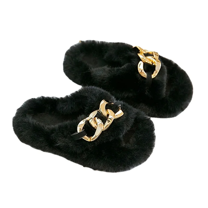 

Детские зимние тапочки, плюшевые пушистые теплые тапочки карамельных цветов с металлической цепочкой, модная Милая нескользящая обувь на п...