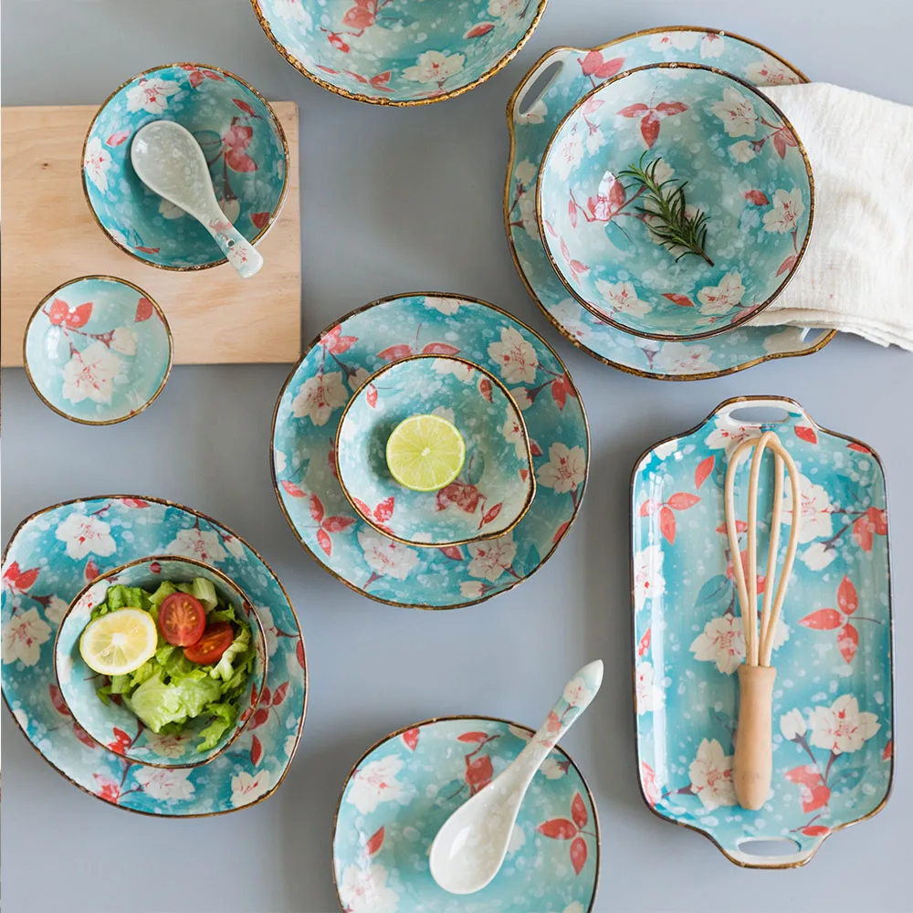 

Ceramica Giapponese-Stile Cena Piatto di Insalata Sushi Bistecca Piatto da Portata Fiore Blu Salsa Piatto Da Tavola