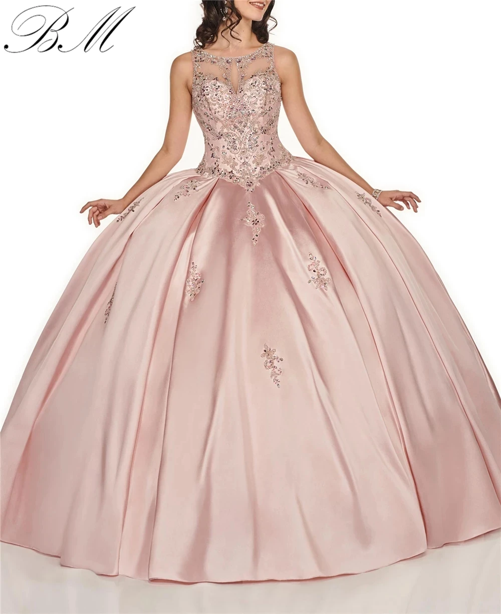 

New Ball Gown Quinceanera Dresses 2021 Satin Appliques Crystals Court Train Lace-Up Sweet 16 Dress Vestidos De 15 Anos