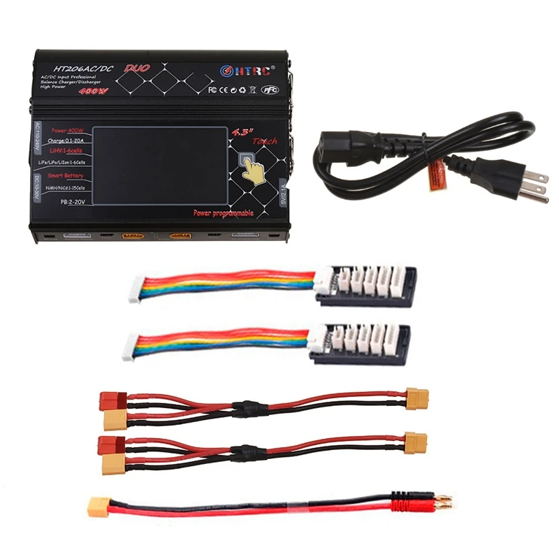 

HTRC HT206 RC Balance Charger DUO 200Wx2 20Ax2 Dual Port 4.3 Inch Color LCD Press Screen for Lilon/LiPo/LiFe Battery