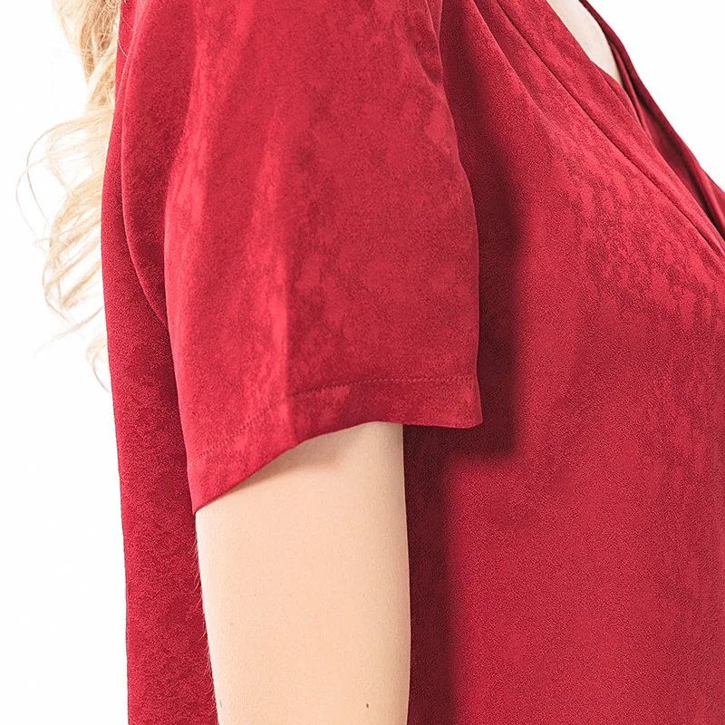 

VOA Silk 22m/m Red Jacquard Drawstring Lace Elastic Waist Short Sleeve Women's Skin-Friendly Casual Dresses A66