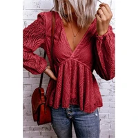 spring and autumn fashion plus size t shirt v neck pullover long sleeve ruffles women tops all match solid collor women clothing