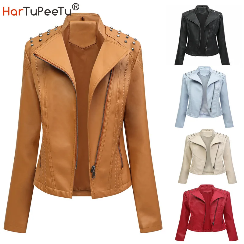 Enlarge Women's Faux Leather Jacket Moto Casual Short Coat for Spring Fall and Winter Zip-up Slim PU Biker Wear with Pockets