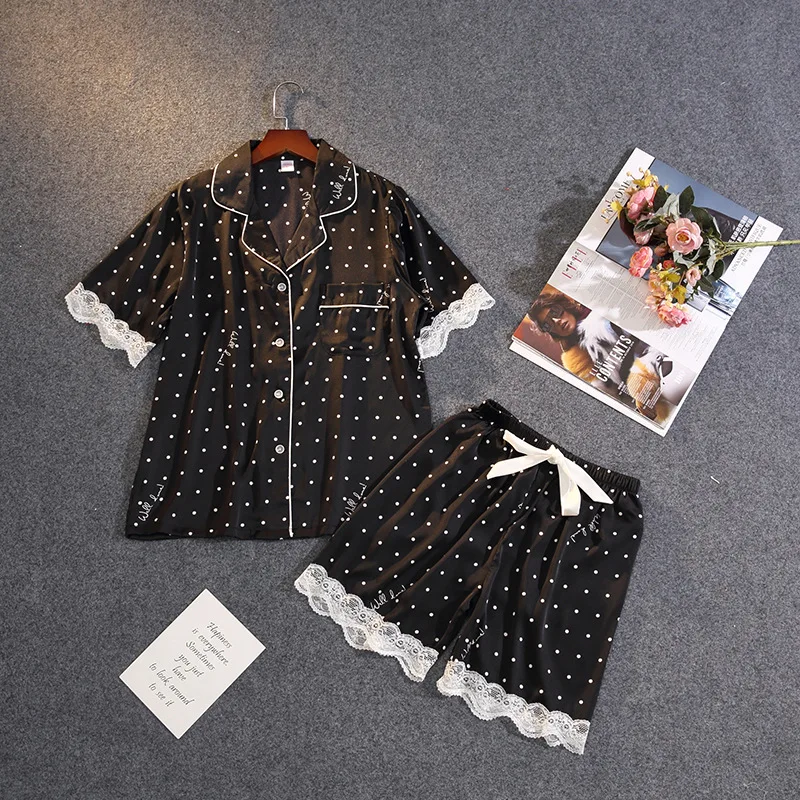 Summer New Polka Dot Print Pajamas Women's Satin Chiffon Soft Touch Sexy Lace Short-sleeved Shorts Suit Sleepwear