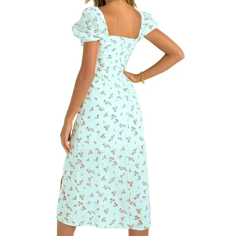 

FAKUNTN 2021 Summer Women's Gown Printed Wrapped Chest Tie High Waist Halter Split Midi Dress Short Sleeve Sexy Floral Dress