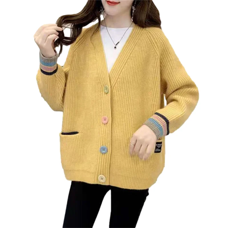 Женский трикотажный кардиган с V-образным вырезом длинным рукавом и большими