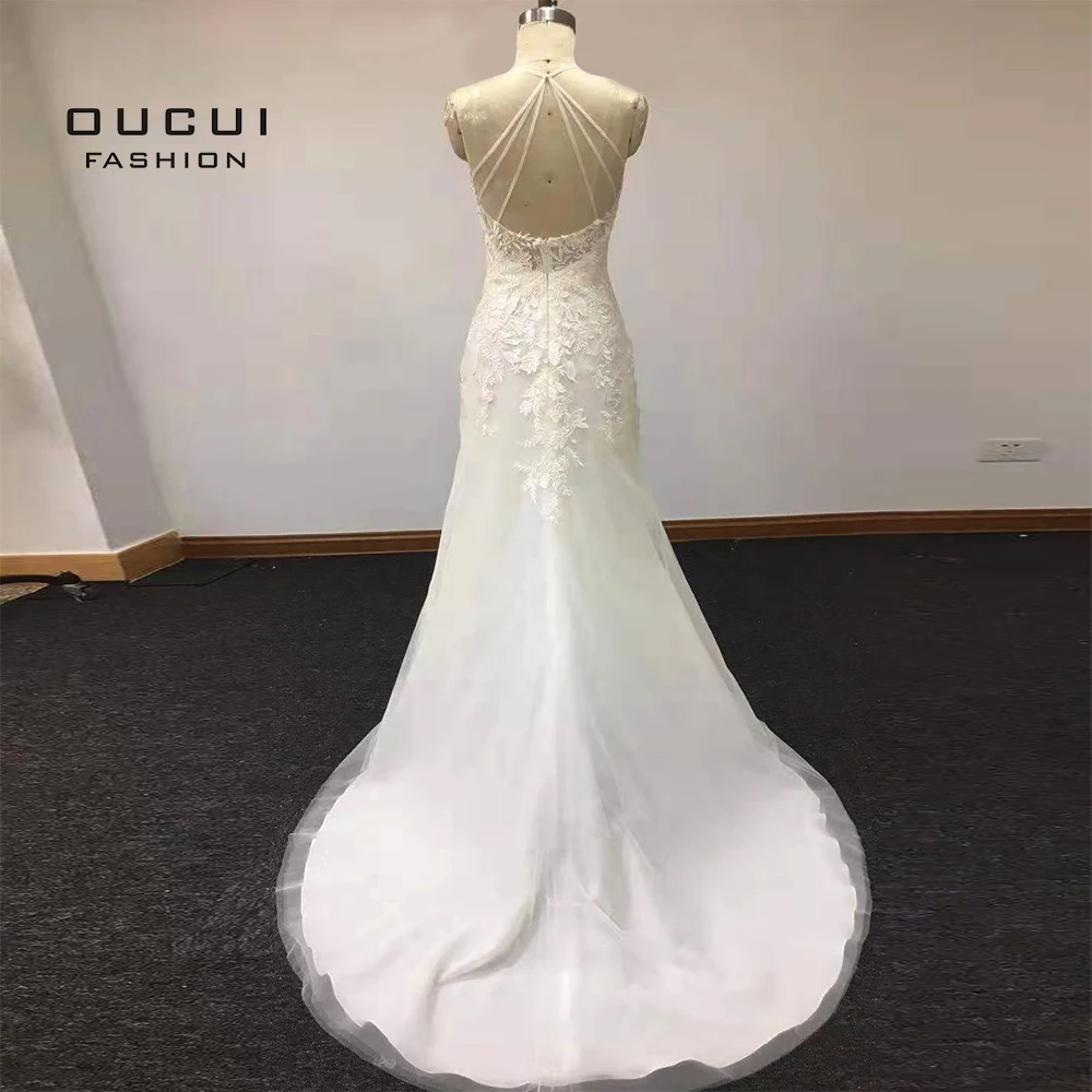 

Embroidery Long Mermaid/Trumpet Wedding Dresses 2019 Plus Size Vestido De Noiva Lace Sleeveless Wedding Dresses OL103603