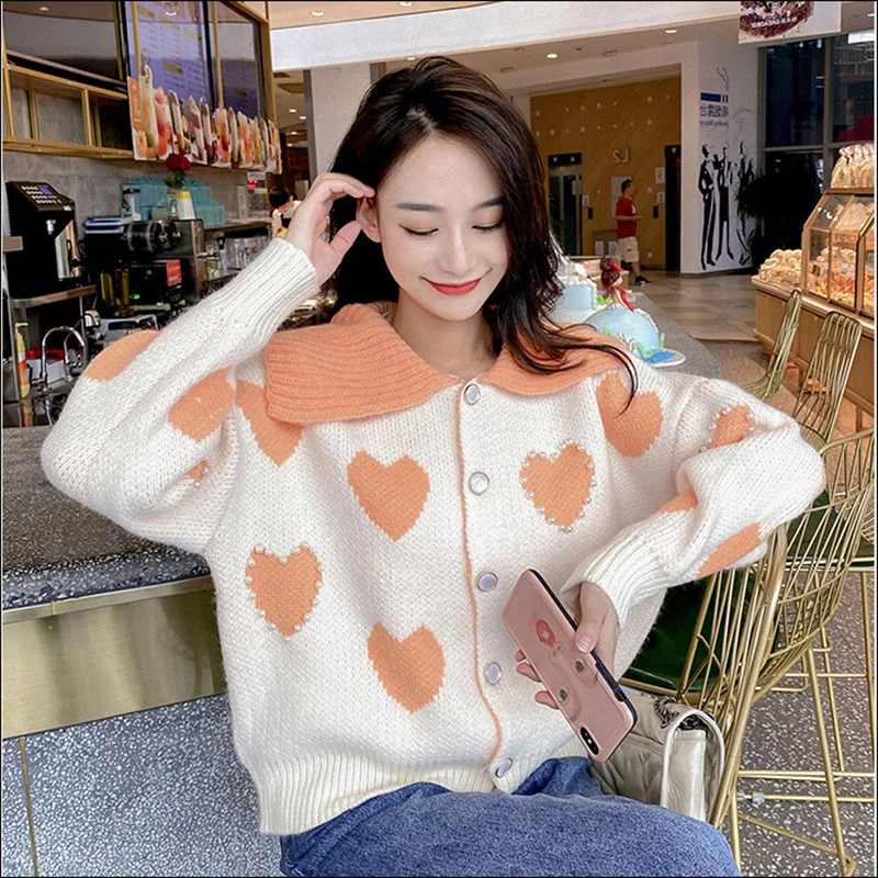 

Korean Sweet Heart Sweater Pink 2022 Knitted Coats Pin Beads Fashion Sweaters New Autumn Winter Knitted Cardigan Women Harajuku