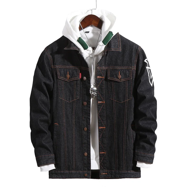

Spring Autumn Korean Style Men's Denim Jacket Men Printed Letter Jeans Jacket Bomber Jacket Mens Elastic Jeans Coat Plus Size