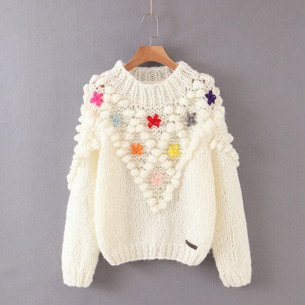 2019 Women Fashion Ball Decoration Basic Knitting Sweater Autumn Solid Color Casual Pullovers Chic Long Sleeve Leisure Tops