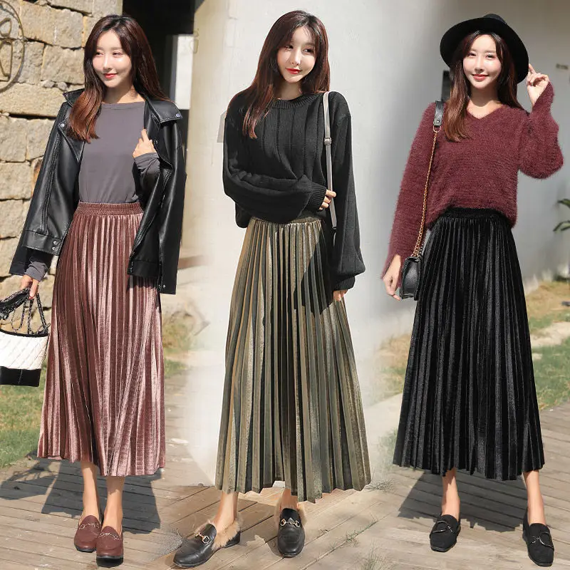 

Gold Velvet Skirt Long Autumn and Winter High Waist Fashion Pleated Swing Skirt Woman Skirts Mujer Faldas Saias Mulher