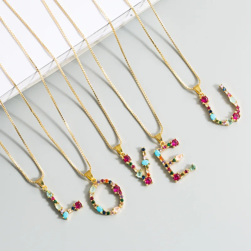 

2021 New Custom Initial 26 Letters Necklaces Elegant Colorful Zircon Pendant Neckalces for Women Statement Jewelry Birthday Gift