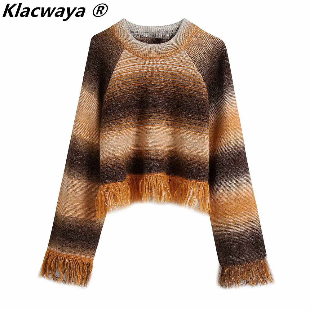

Klacwaya Women Fashion With Tassel Cropped Knitted Sweater Vintage O Neck Raglan Sleeve Female Loose Casual Pullovers Chic Top