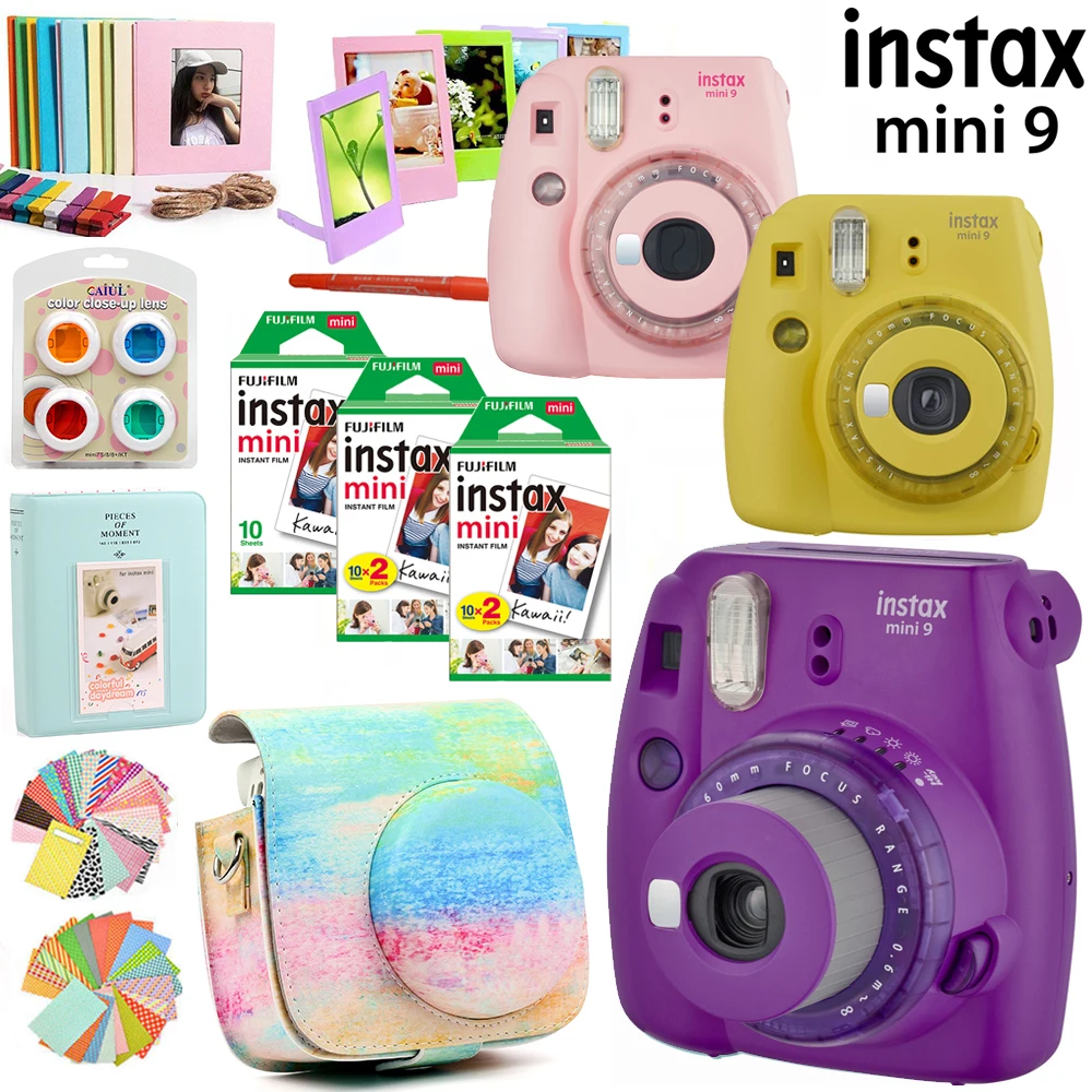 Fujifilm instax Mini 9 камера фиолетовый/розовый/желтый с 50 листов instax mini ФОТО/13 в 1 комплект аксессуаров чехол сумка