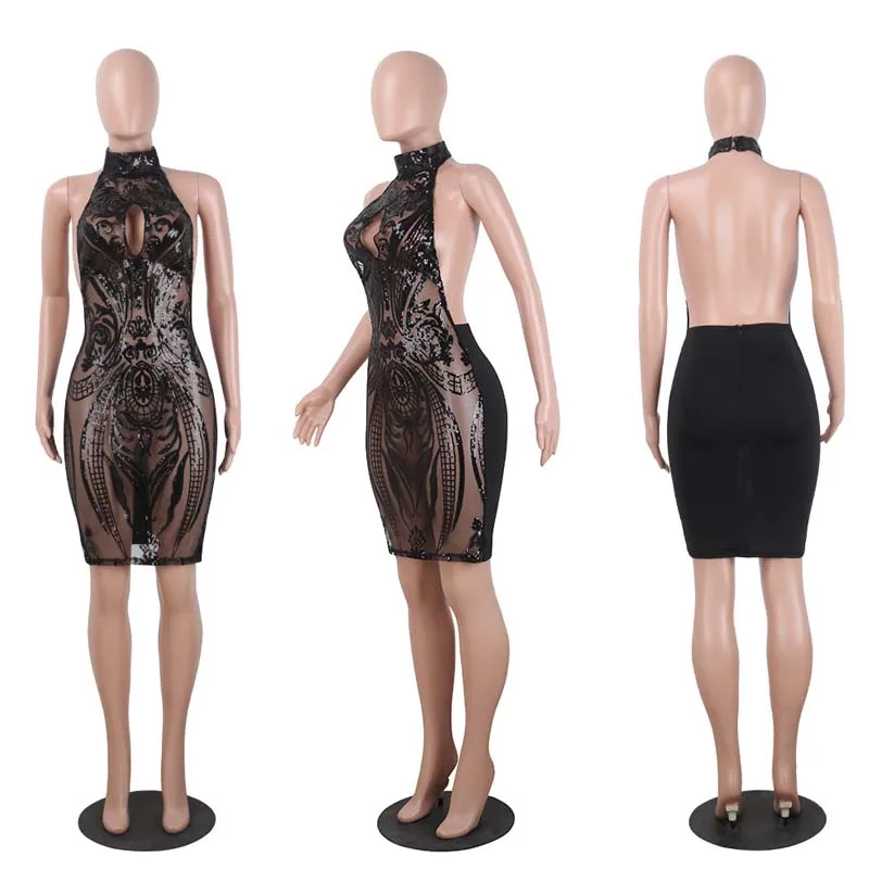 Новинка сексуальное женское платье с блестками и лямкой на шее кружевные