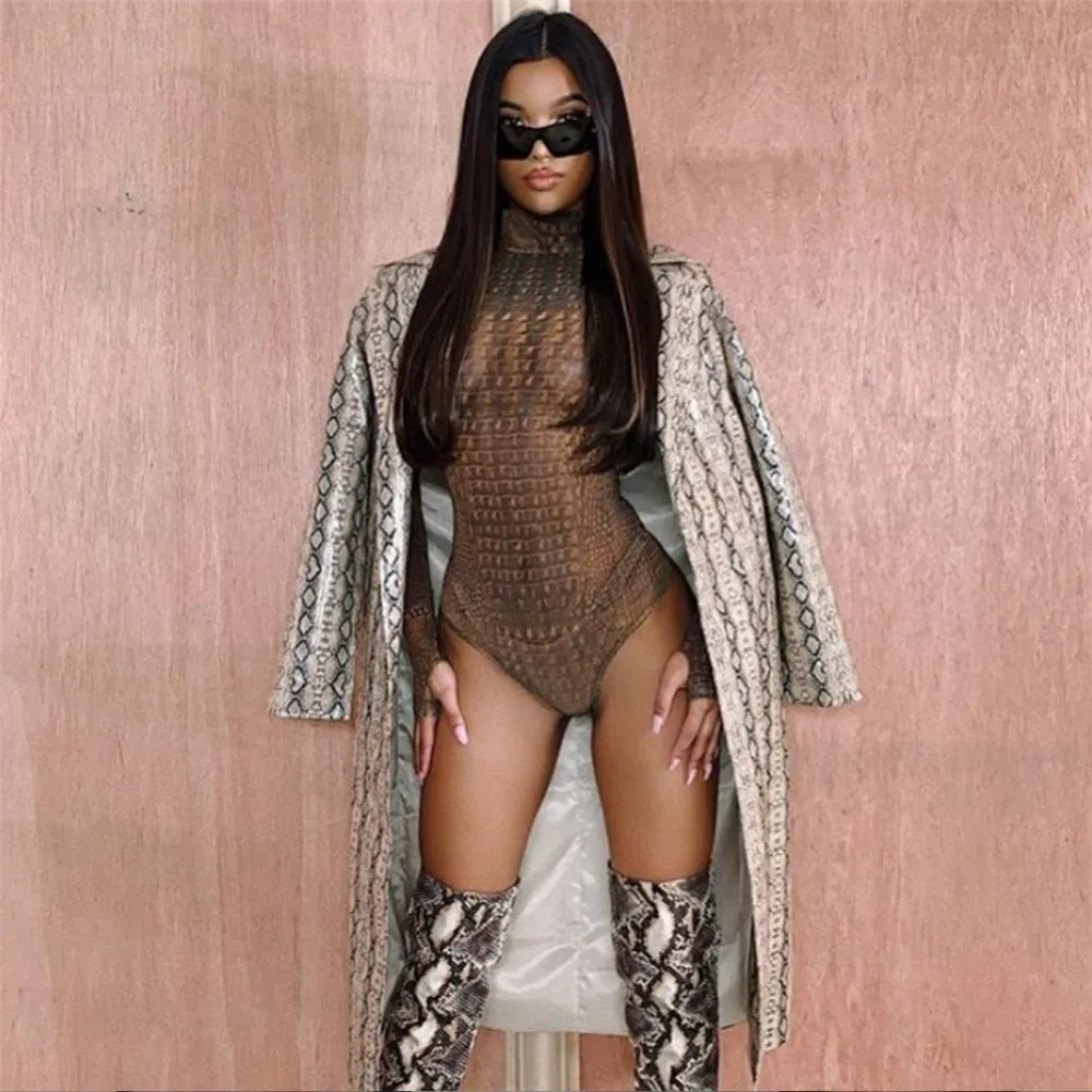 Shstyle крокодил животных печати боди с высоким горлом женщин Bodycon сексуальный дикий длинный рукав коричневые тела Женская Клубная одежда осень