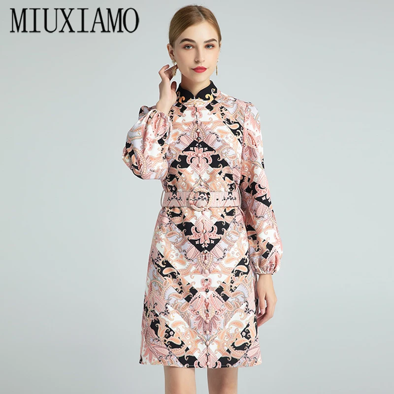 

MIUXIMAO 2020Spring& Fall Dress Newest Cute Print Flower Full Sleeve O-neck Elegant Casual Dress Women Vestidos With Belt