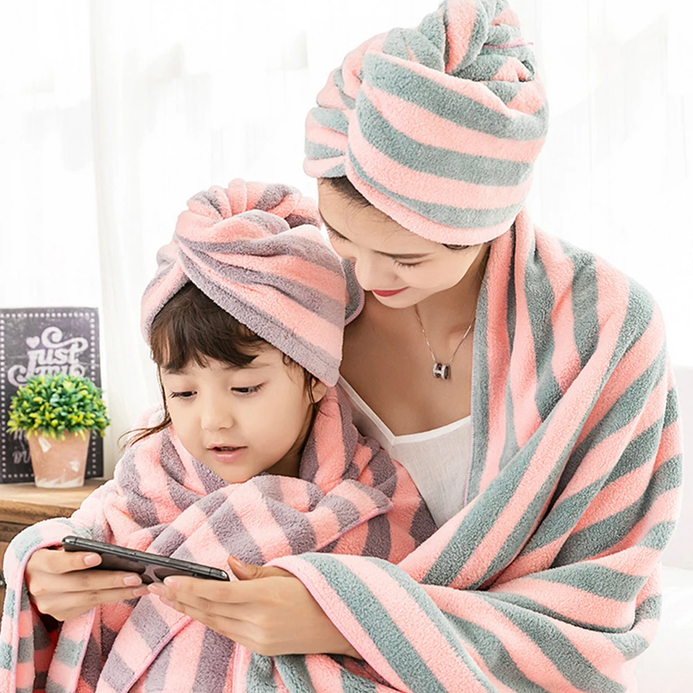 

Quick Dry Towel Bath Towels For Adults Microfiber Towel Superfine Fiber Striped Bathroom Towels Dry Hair Cap Absorbent Hair Cap