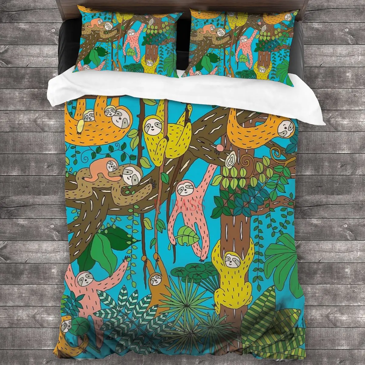 

Happy Sloths Jungle 100%Pure Cotton Comforter Set with 2 Pillowcase,Soft Microfiber Duvet Cover Set, Bedding Sets Bed Set