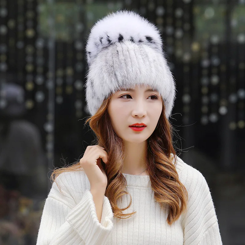 Russian Knit Cap Protective Hat Made Of Real Mink And Fox Fur For Winter For Women
